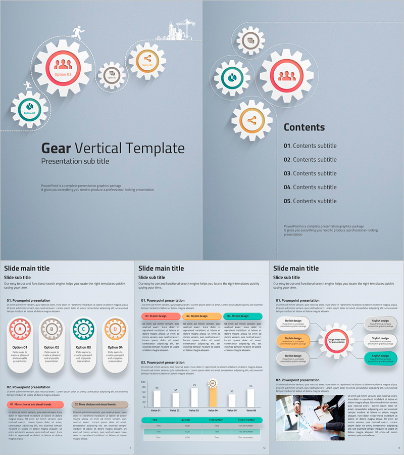 톱니바퀴 일러스트 세로형 피피티 템플릿 – 비즈니스 상황에 최적화된 디자인