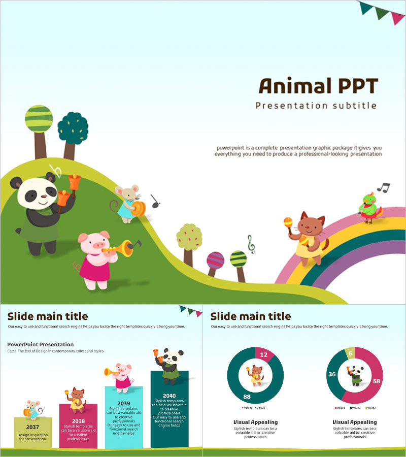 귀여운 동물 연주 프레젠테이션 템플릿 – 어린이 교육에 최적화된 디자인