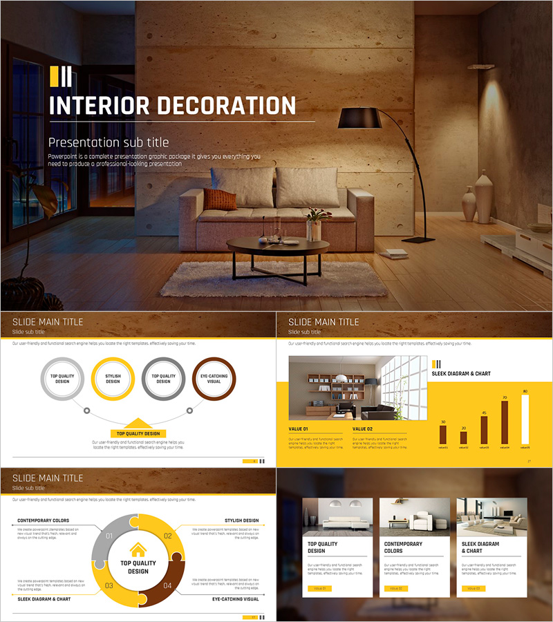 인테리어 디자인 PPT 템플릿 – 감각적인 구조와 현대적 색감