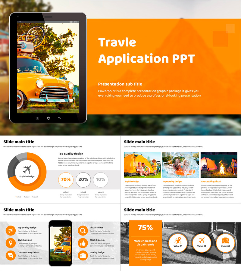 여행 어플리케이션 프레젠테이션 템플릿 – 활기찬 디자인으로 여행의 즐거움을 전달