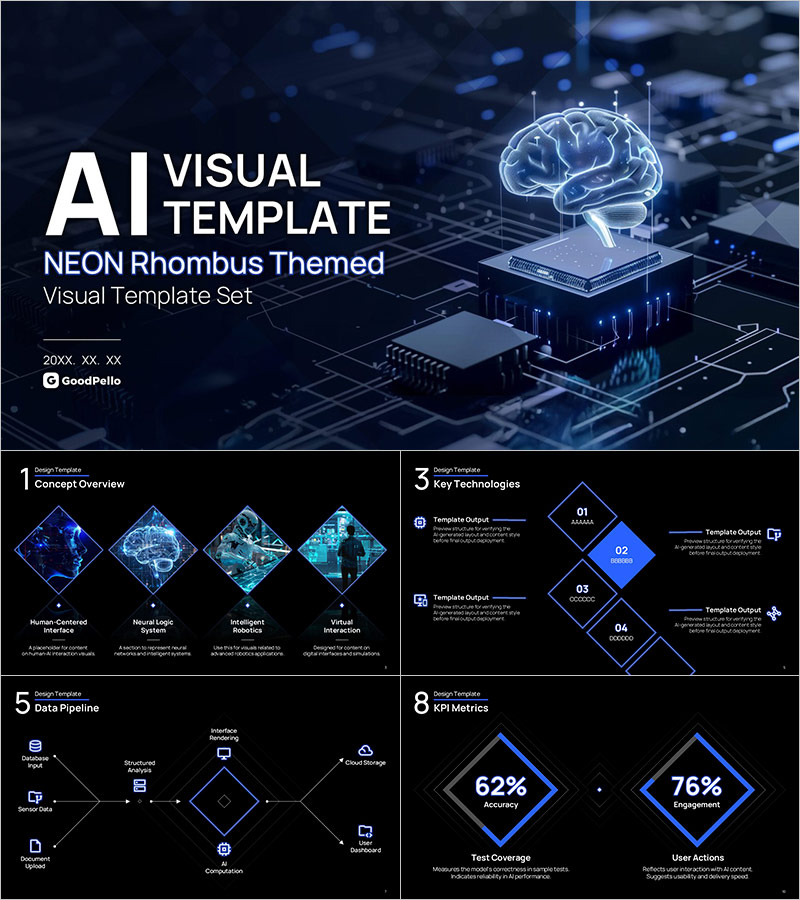 AI 네온 마름모 비주얼 템플릿 – 혁신적인 AI 프레젠테이션 디자인