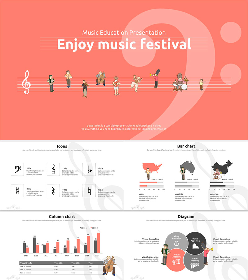 귀여운 오케스트라 일러스트 프레젠테이션 템플릿 – 음악 교육에 최적화된 디자인