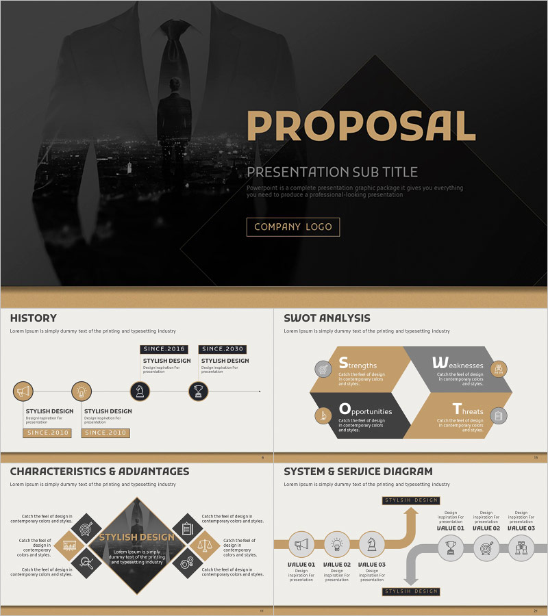 비즈니스 제안서 PPT 템플릿 – 세련된 갈색 디자인