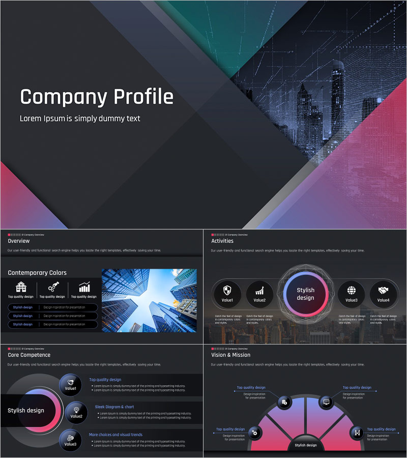 Dark Company Profile Template – Stylish Design with Bold Colors