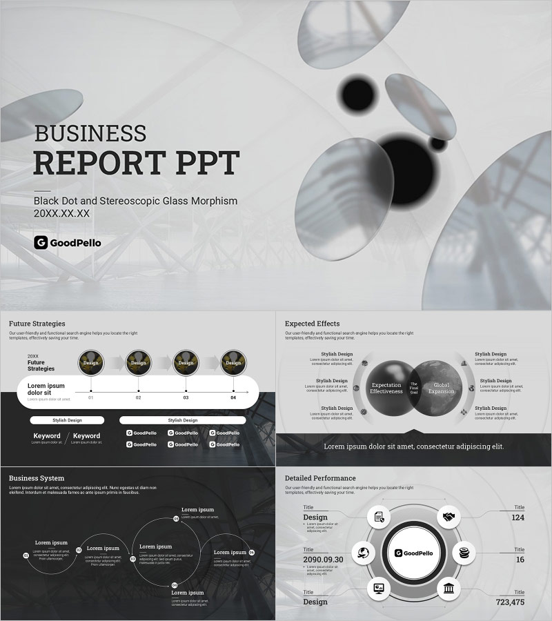 Monochrome Glassmorphism Business Report PowerPoint Template – Elegant Design with Clear Structure