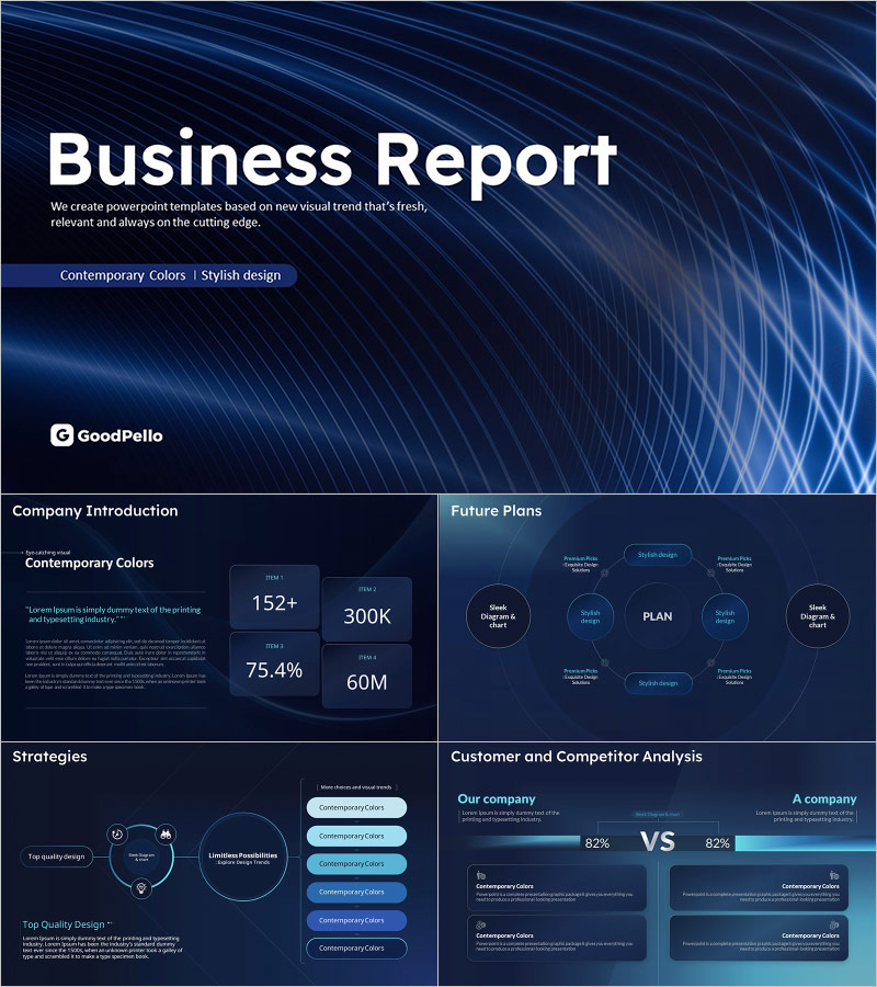 Curved Graphics Business Report PowerPoint Template – Modern Design and Elegant Colors