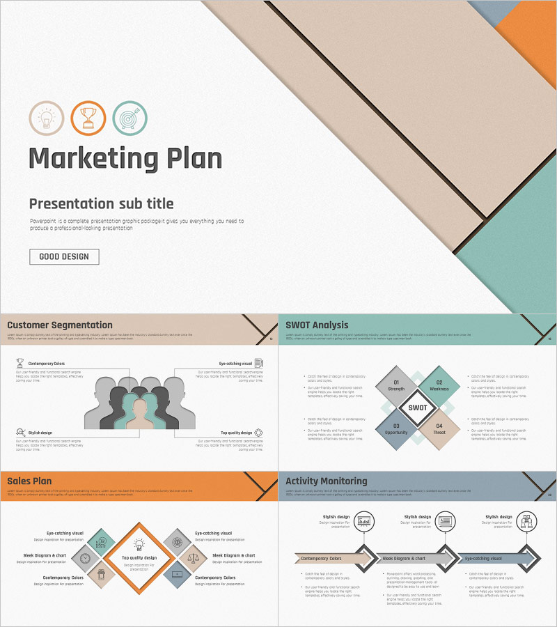 Slant Layout Marketing Plan Strategy PowerPoint Template – Emphasizing Modern Design and Practicality