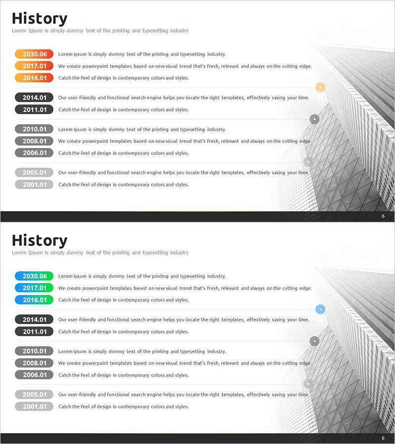 회사 연혁 프레젠테이션 슬라이드 – 비즈니스 여정의 투명한 시각화