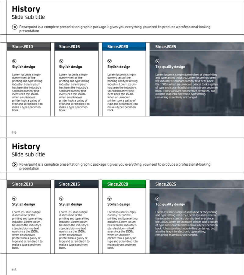그리드 레이아웃 연혁 슬라이드 – 효과적인 시간선 시각화