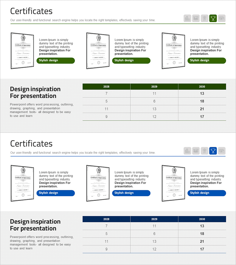 연도별 인증서 기록표 – 성과와 수상 내역