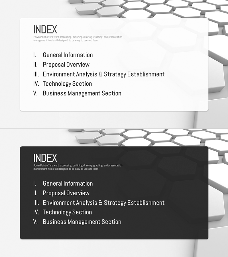 3D 육각형 테마 제안서 목차 – 전문성과 창의성