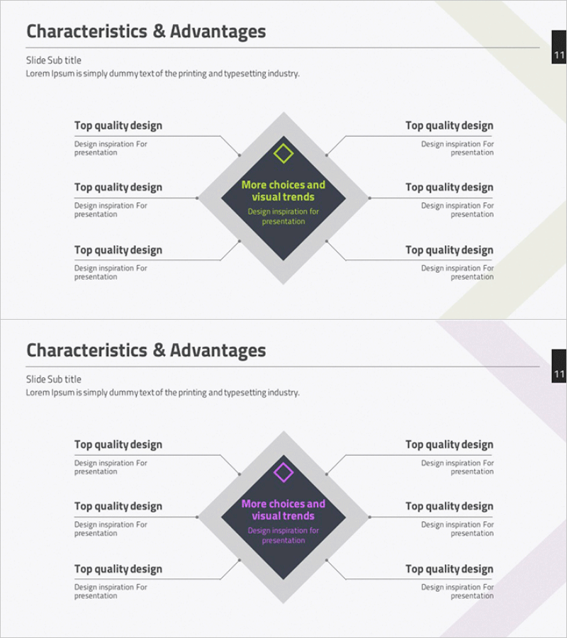 특성 및 장점 슬라이드 – 연결 다이어그램을 통한 효과적인 정보 전달