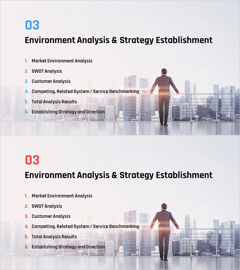 비즈니스 제안서 PPT 템플릿 간지 – 환경 분석 및 전략 수립