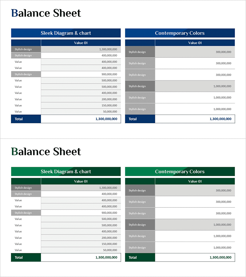 대차대조표 다이어그램 슬라이드 – 선명하고 현대적인 디자인
