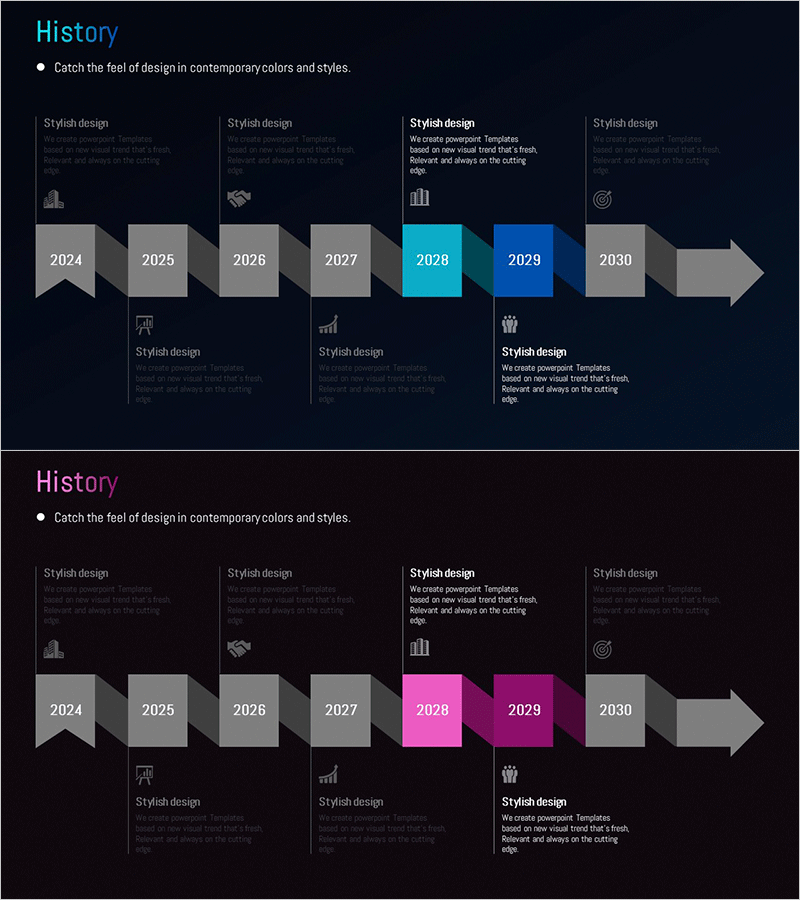 화살표 연결 히스토리 다이어그램 – 단계별 사업추진 전략