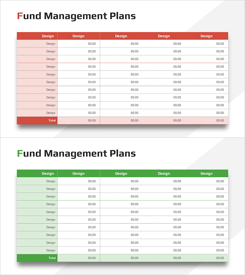 자금 운용 계획 테이블슬라이드 – 금융계획과 성과