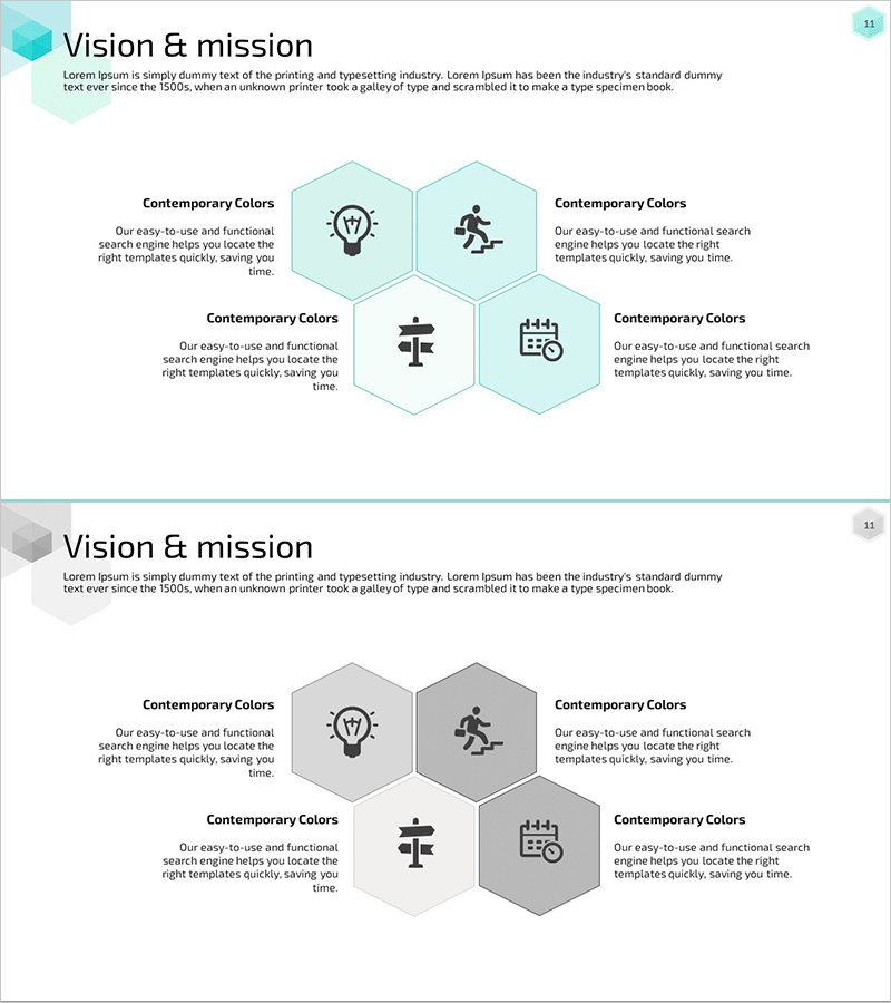 육각 클러스터 비전 다이어그램 – 핵심가치 및 비전 설명