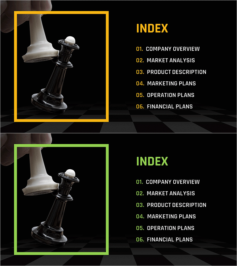 체스 테마 비즈니스 전략 템플릿 목차