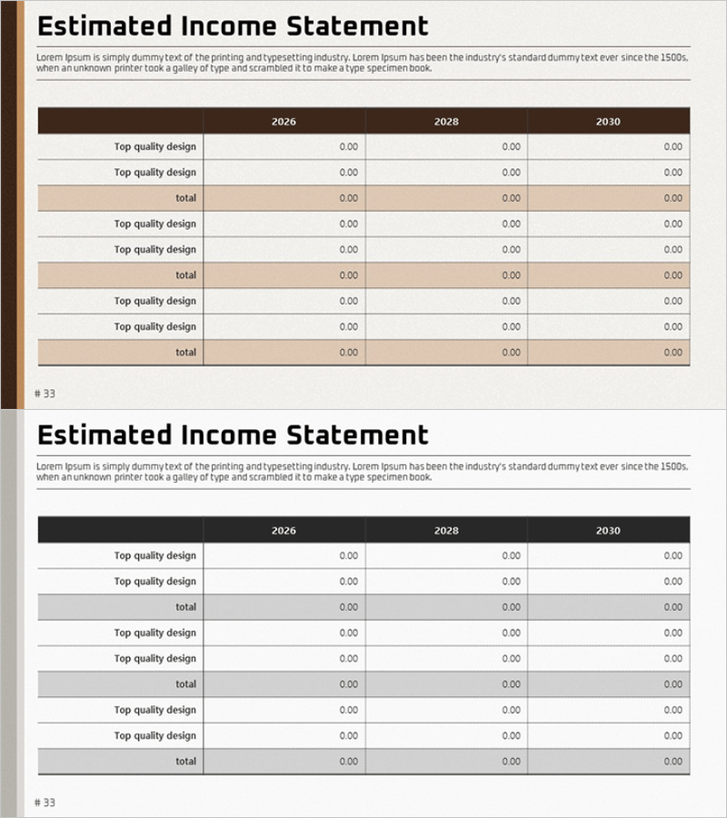 추정 소득 보고서 테이블표 – 재무 계획의 명료함