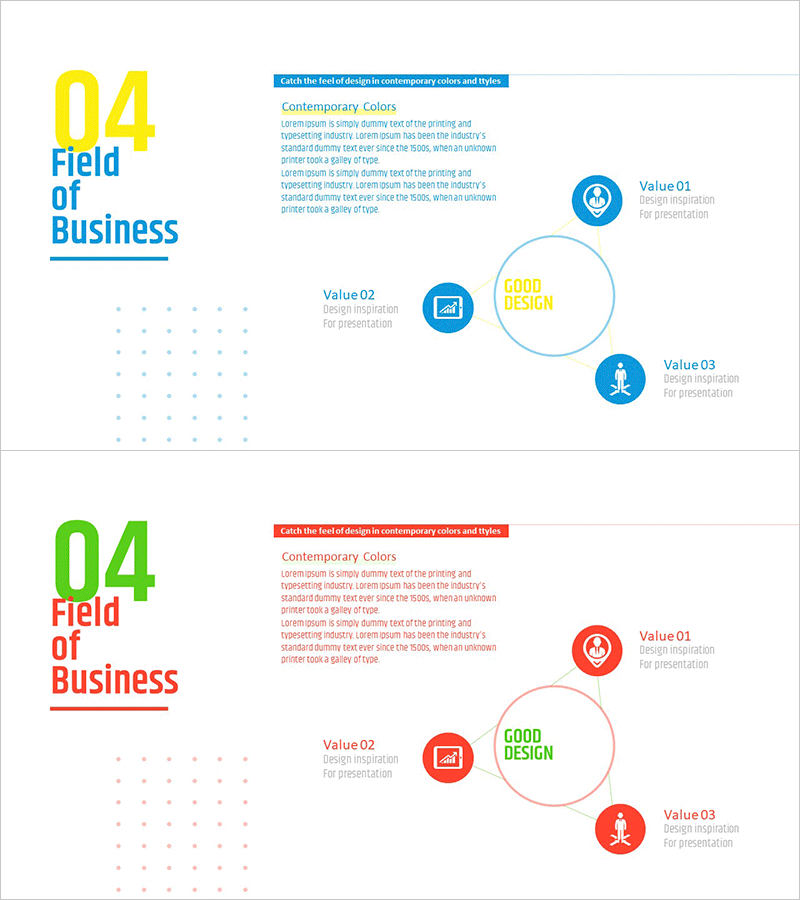 비즈니스 영역 삼각 원형 다이어그램 – 중심이 없는 확산형