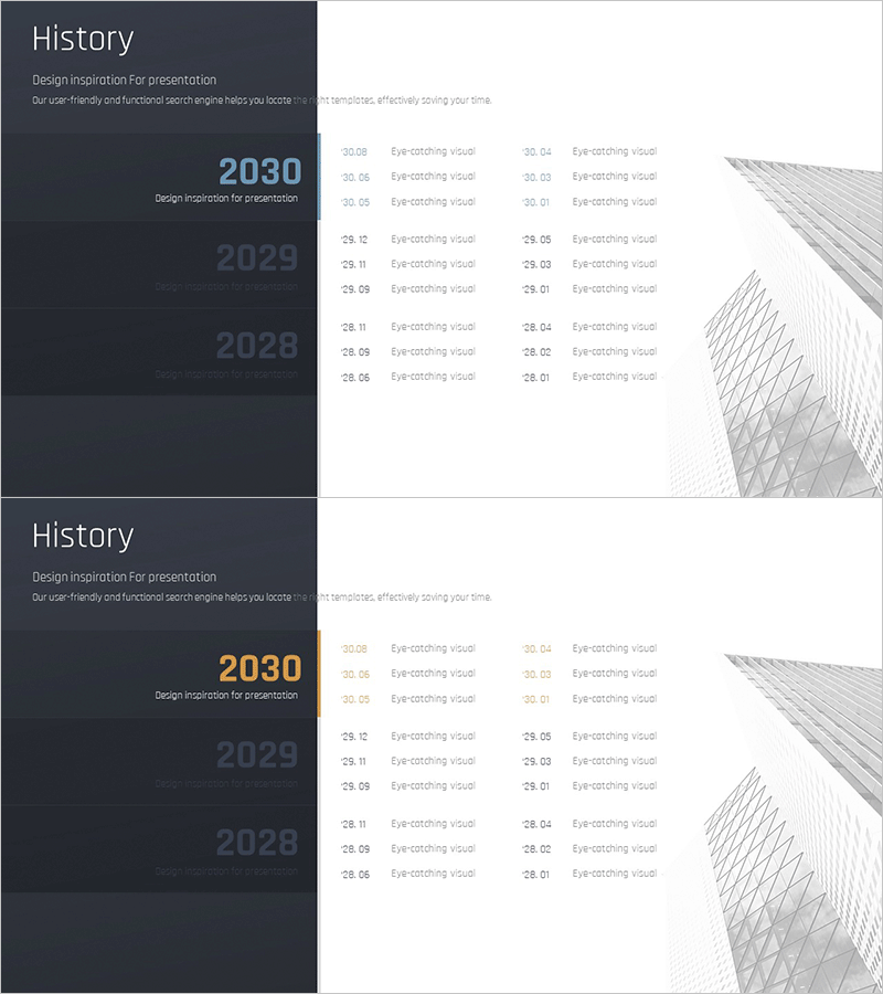 연도별 경과 정보를 시각화한 프레젠테이션 슬라이드 – 혁신과 영감을