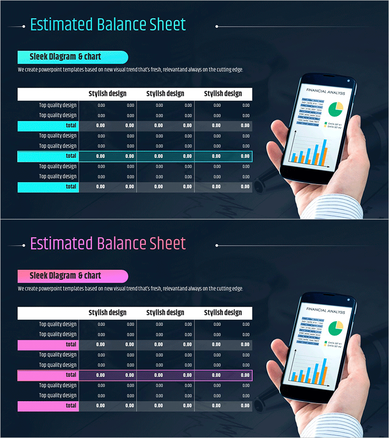 어플리케이션 개발 사업 대차대조표 – 세련된 디자인의 재무 제시