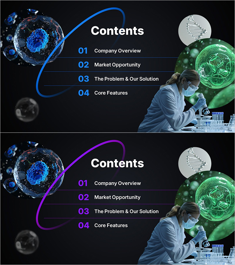 바이오테크 기업 프레젠테이션용 세련된 목차 슬라이드