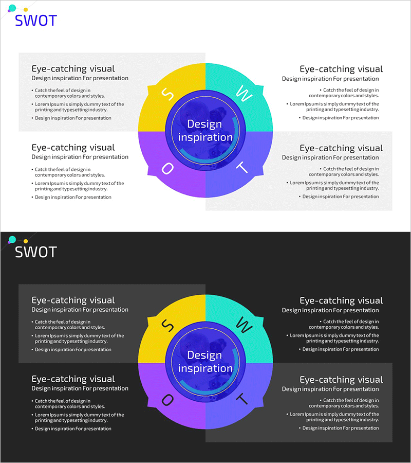 SWOT 분석 화살표 원형 다이어그램 - 시장 및 경쟁 분석