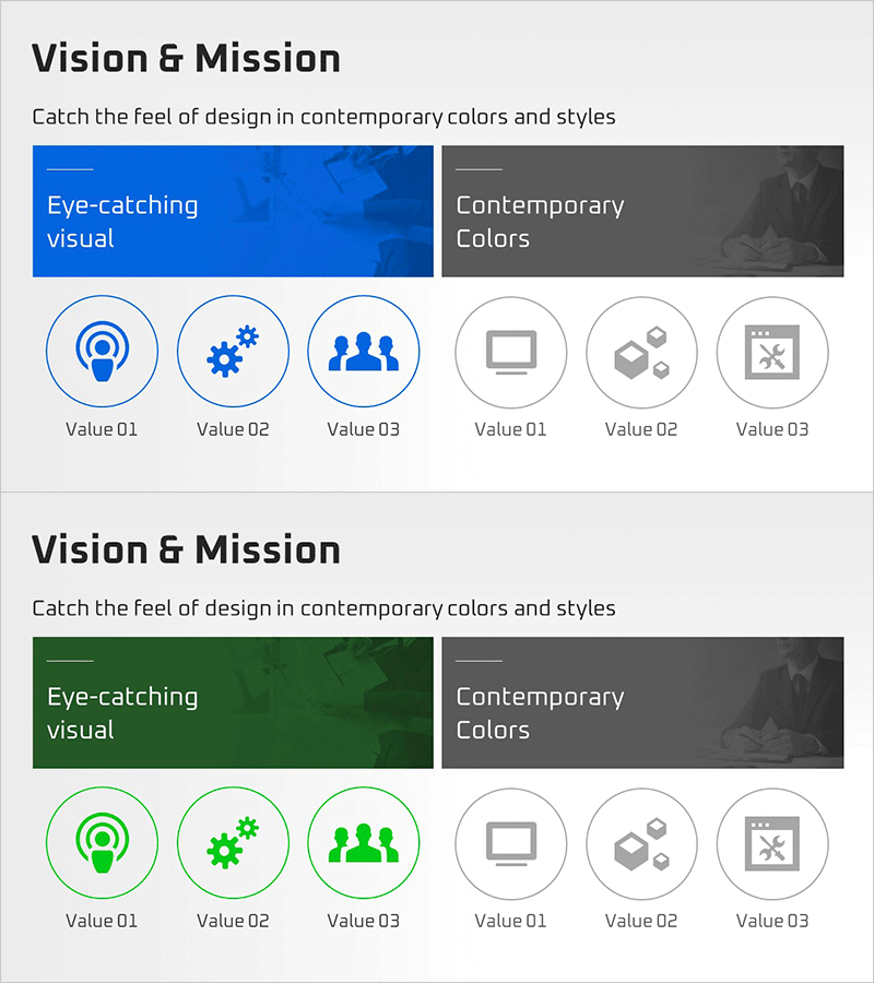 비전과 미션을 보여주는 클러스터 다이어그램 – 도전과 혁신