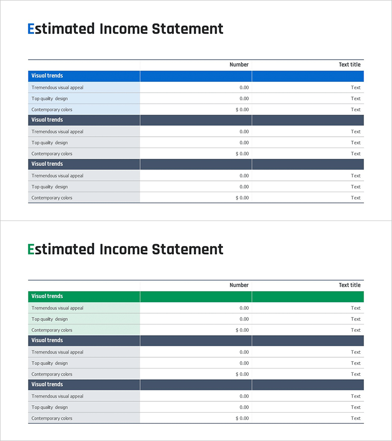 추정 소득 보고서 테이블 차트 – 재무 계획과 성과를 시각화
