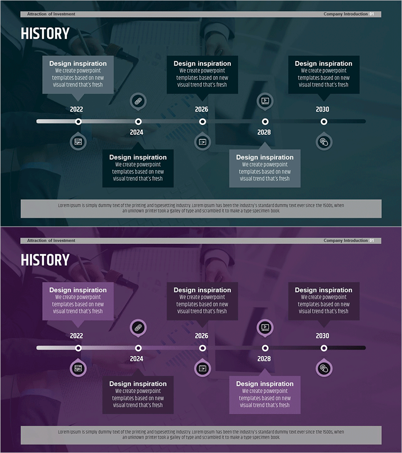 텍스트 박스 연혁 다이어그램 템플릿 – 회사 소개 및 사업 추진 전략
