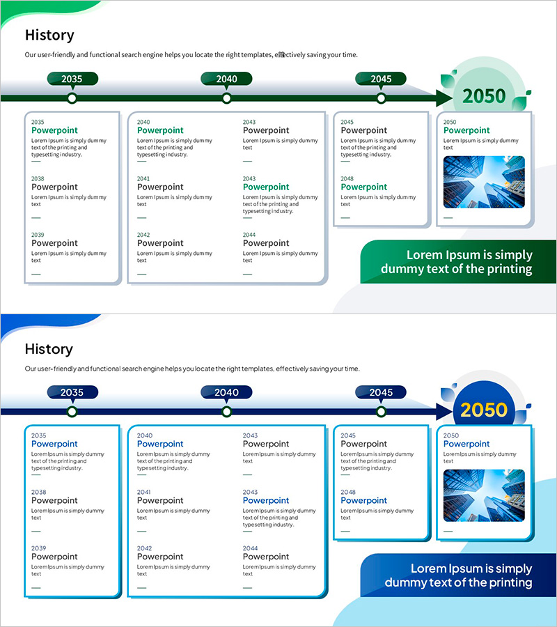 역사적 발전을 시각화한 타임라인 슬라이드 – 비즈니스 전망