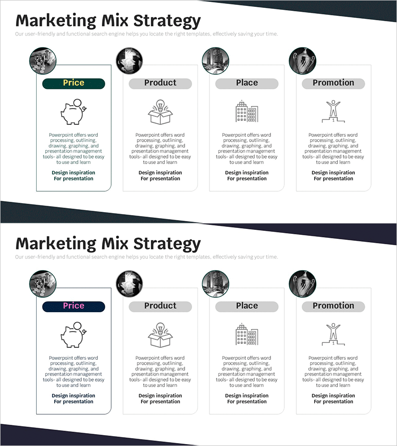 4P 마케팅 서비스 전략 다이어그램 – 사업 비전과 전략