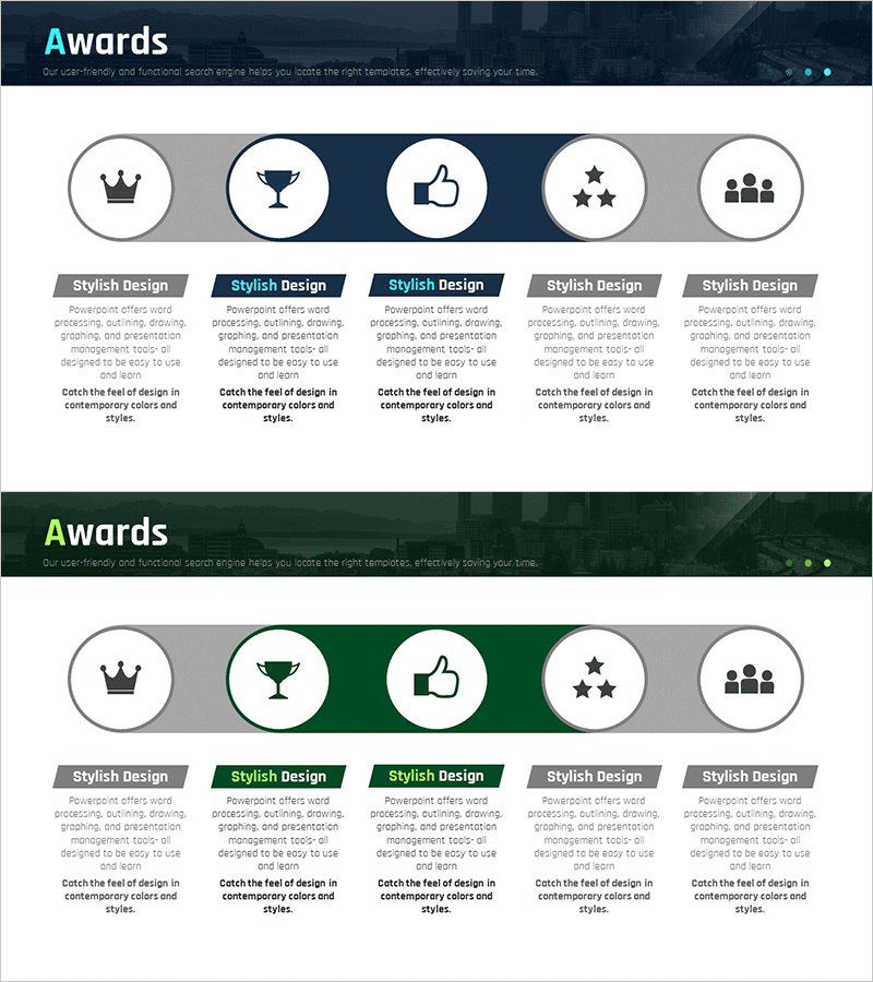 수상내력 특성을 시각화한 다이어그램 슬라이드 – 성과를 담다