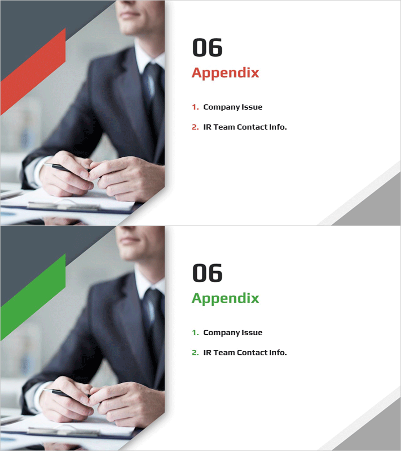 사선 테마 IR 템플릿 간지 – 전문성과 혁신의 시각화