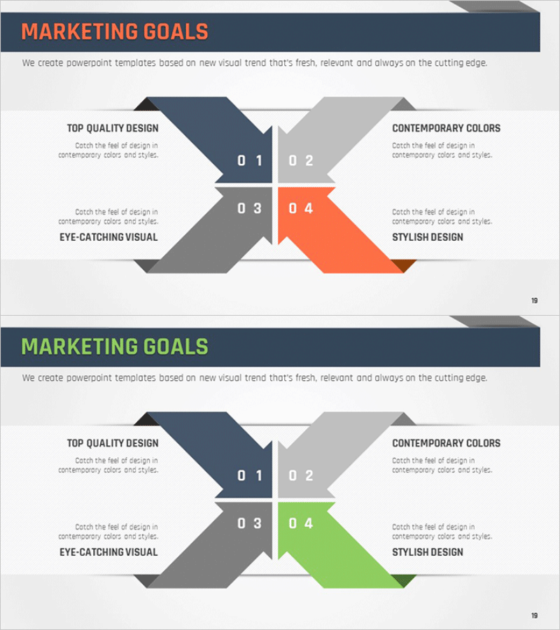 화살표 사각 다이어그램 슬라이드 - 사업 비전 및 마케팅 목표