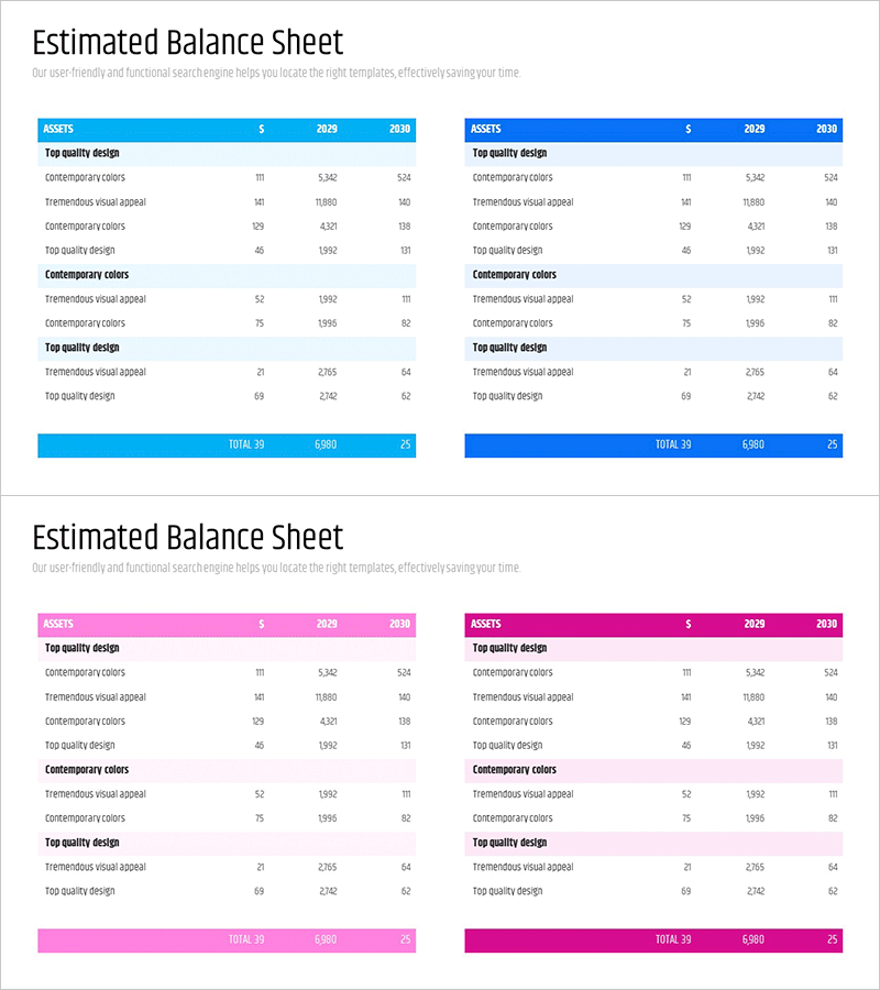 블루 핑크 대차대조표 슬라이드 – 재무 성과의 필수템