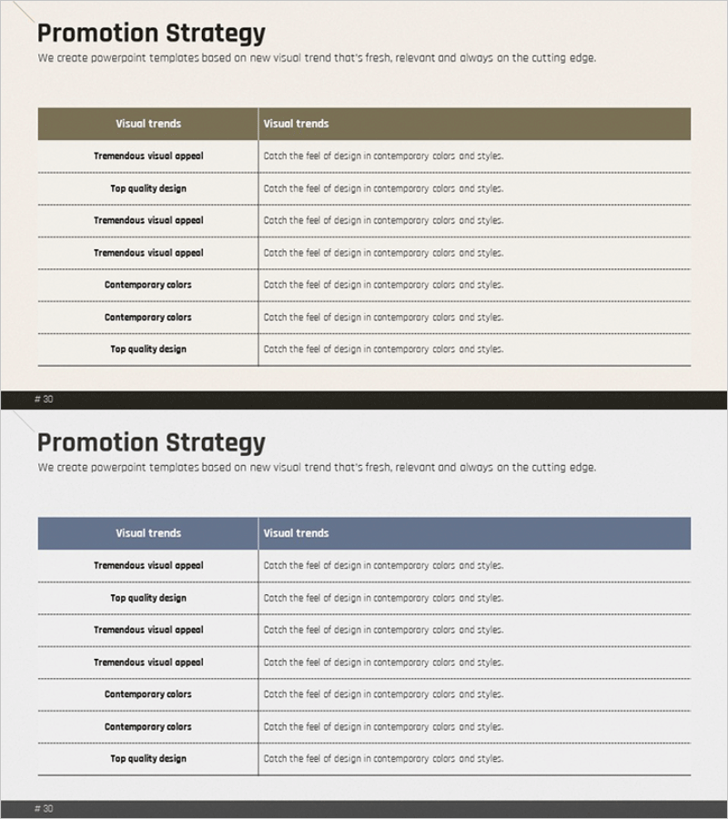 프로모션 전략 테이블표 – 효과적인 비주얼 소통