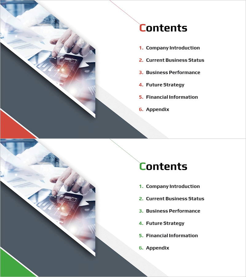사선 테마 IR 템플릿 목차 – 기업 소개 및 전략