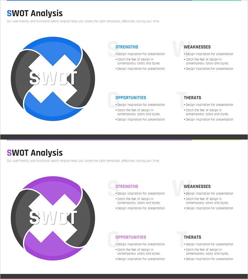 블루 퍼플 SWOT 분석 다이어그램