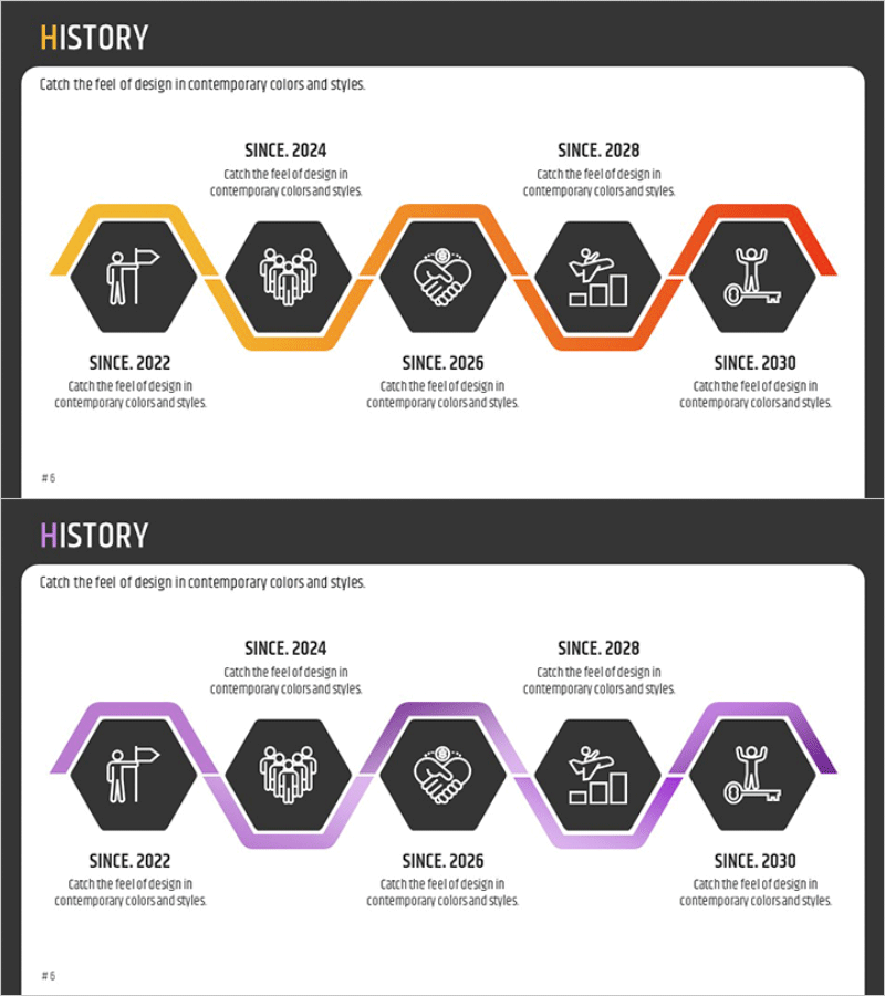 육각 그라데이션 다이어그램 – 시각적으로 매력적인 연혁 슬라이드