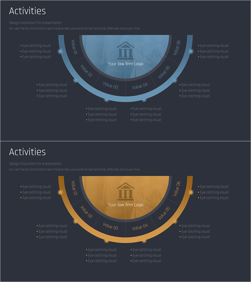 사법 서비스 비즈니스 활동의 시각화된 인포그래픽 슬라이드