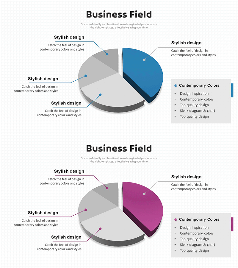 주요 사업 분야 및 시장 포지션을 시각화한 파이형 그래프 슬라이드