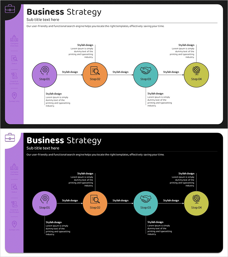 비즈니스 전략을 나타내는 단계적 연결 다이어그램