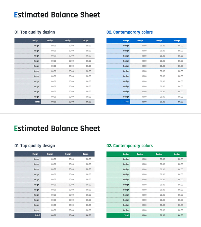 블루 그린 대차대조표 – 재무계획을 위한 다이어그램