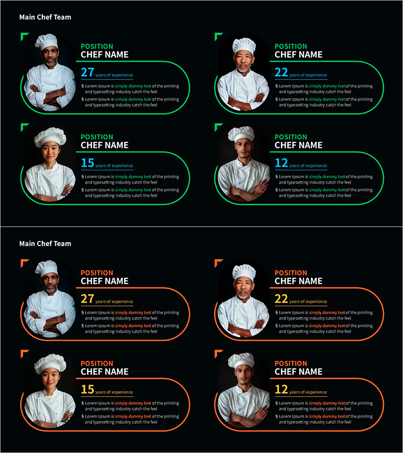 주요 셰프 팀 소개 슬라이드 – 경험과 전문성을 강조
