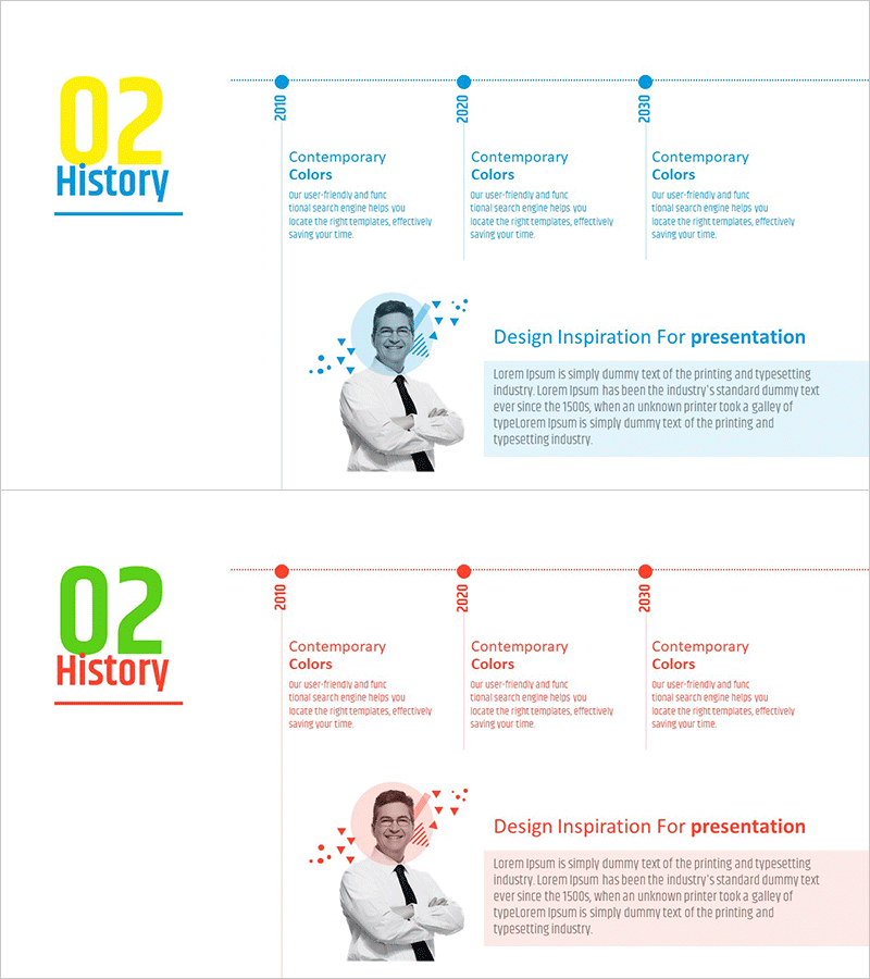 비즈니스 히스토리 & 대표자 소개 슬라이드 – 회사 연혁을 시각화한 클러스터 디자인