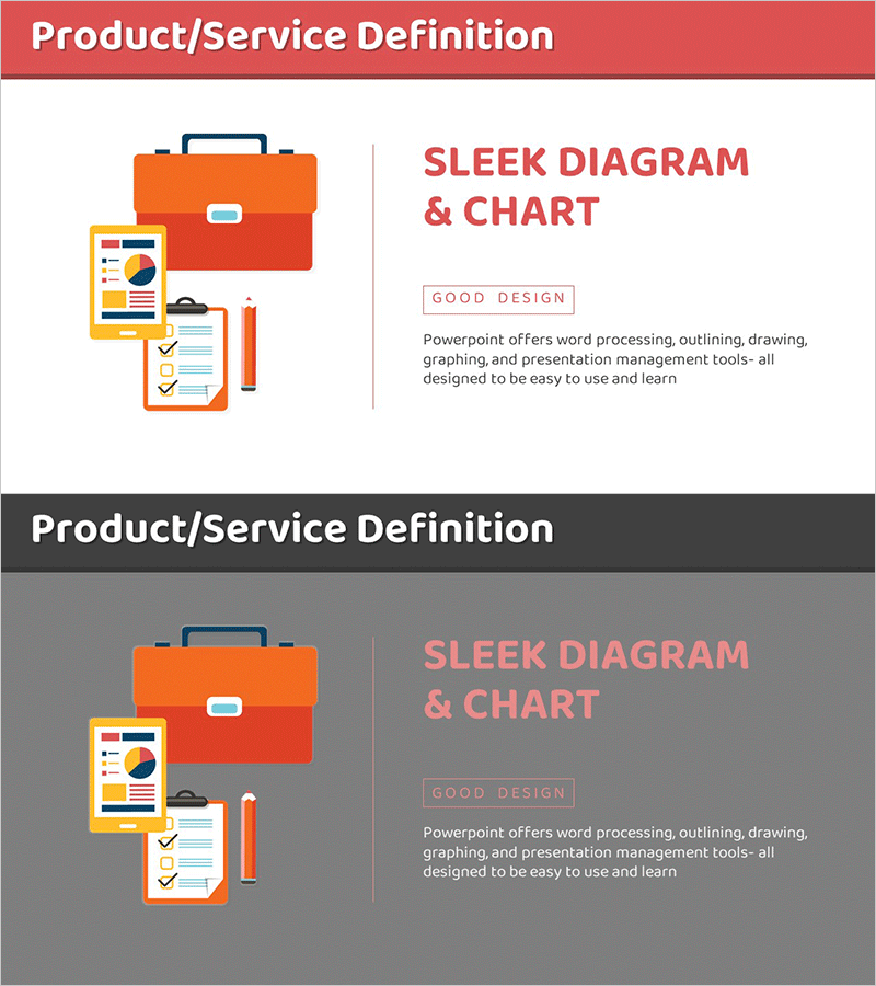 서류 가방과 분석 차트를 활용한 제품 발표 슬라이드