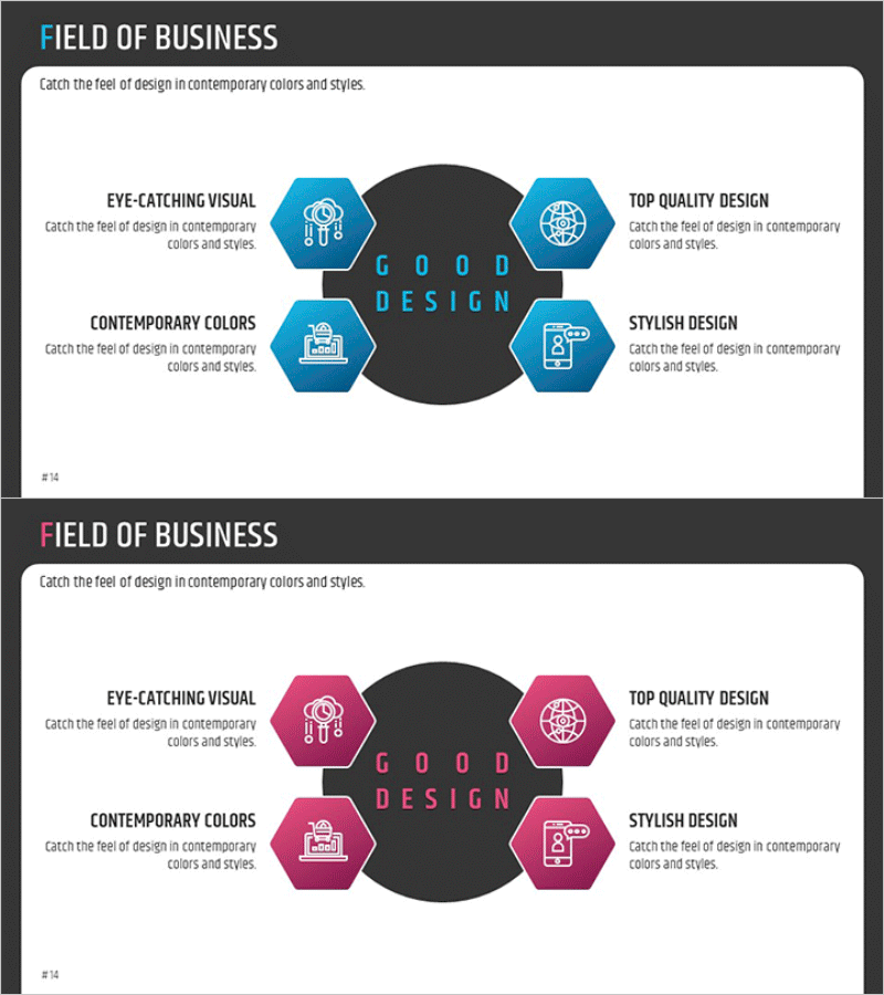 육각형 테마 사업분야 – 시각적 명료함과 현대적 색채
