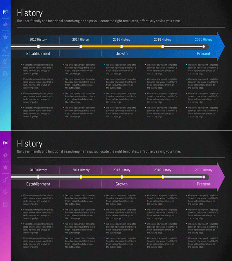 화살표 연혁 다이어그램 – 사업 추진 전략 설명